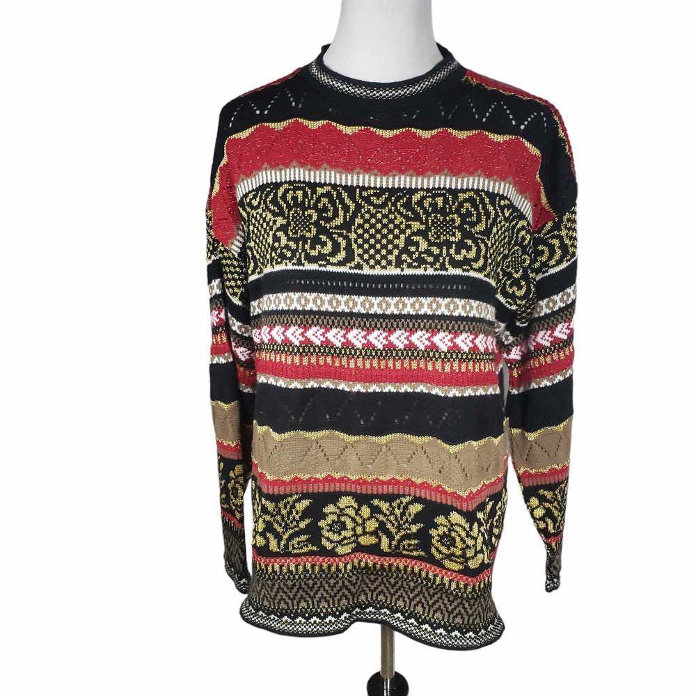 Rose Vintage *Large Black Metallic Gold Red Open Weave Knit Acrylic Blnd Sweater